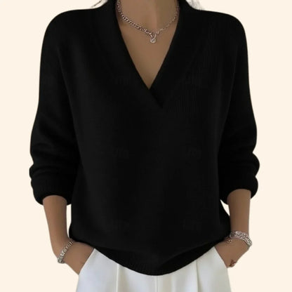 Women's soft knit relaxed blouse with V-neck and long sleeves – Black