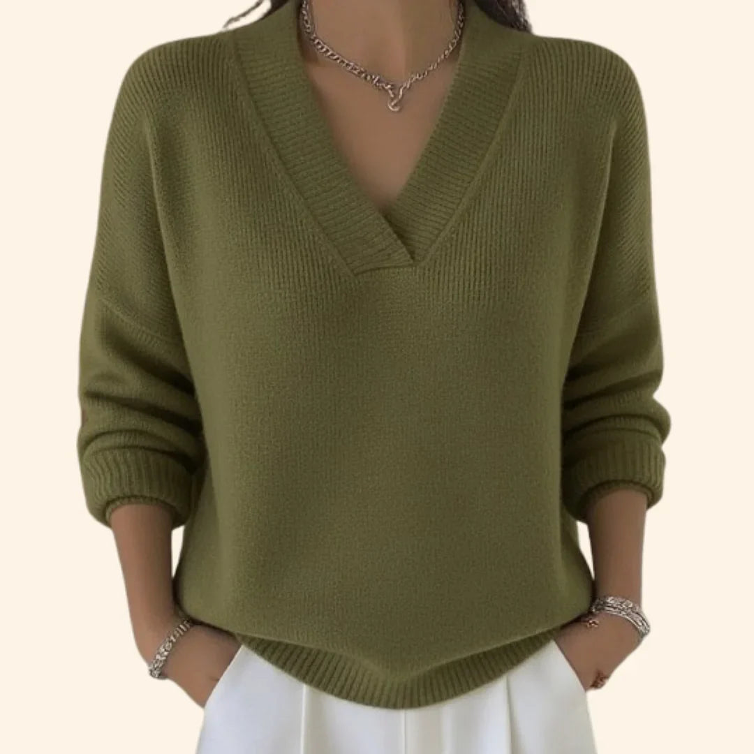Women's soft knit relaxed blouse with V-neck and long sleeves – Green