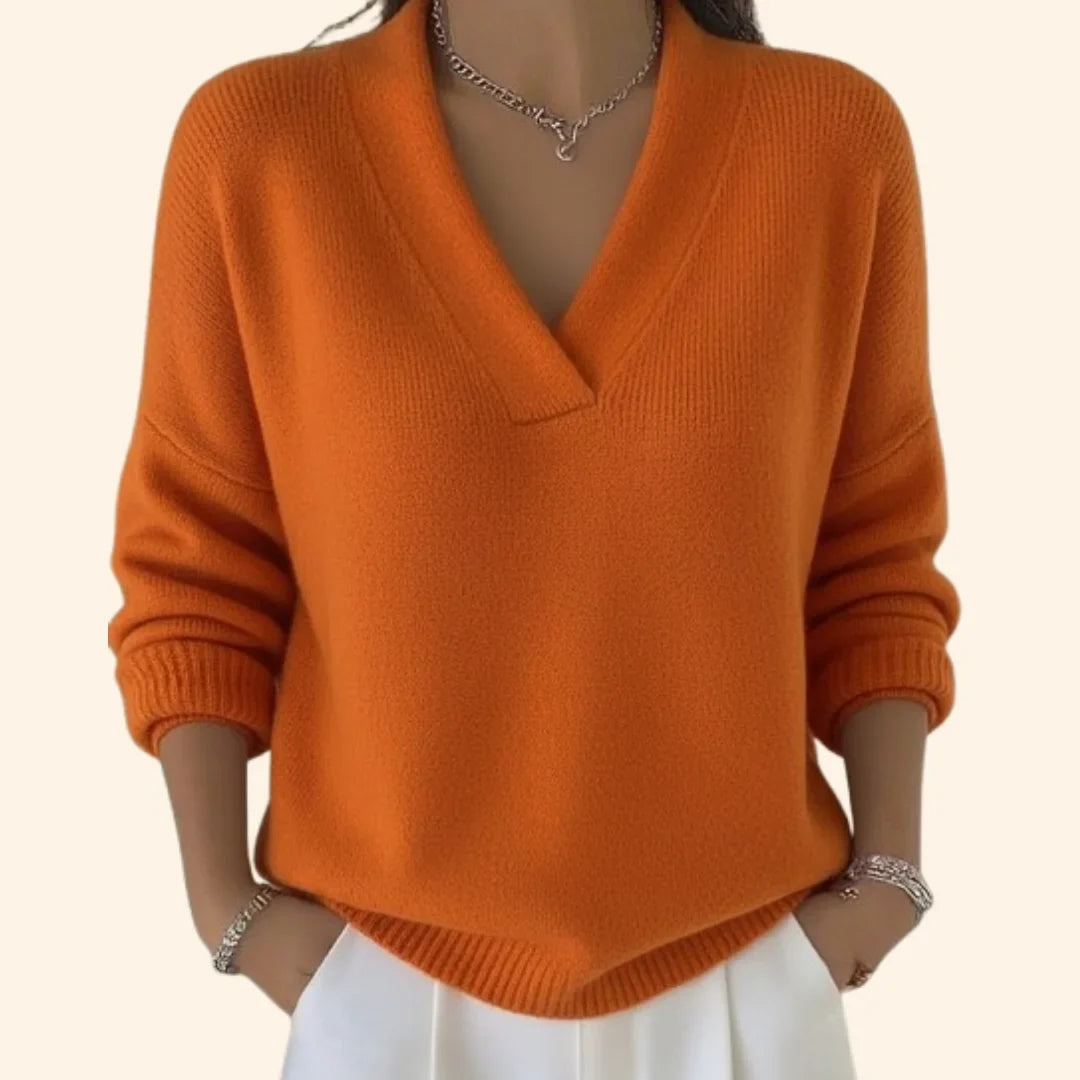 Women's soft knit relaxed blouse with V-neck and long sleeves – Orange