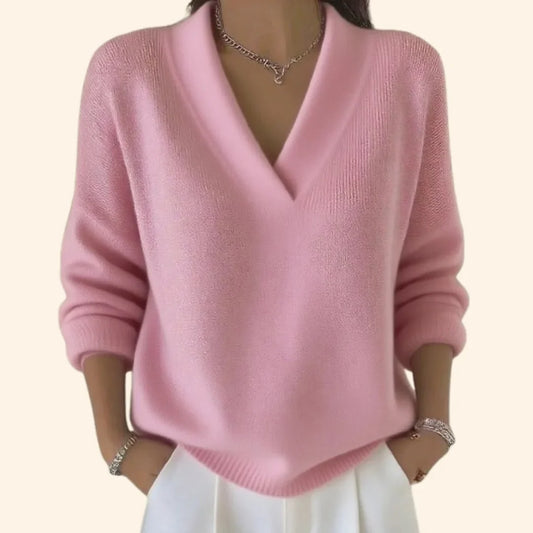 Women's soft knit relaxed blouse with V-neck and long sleeves – Pink