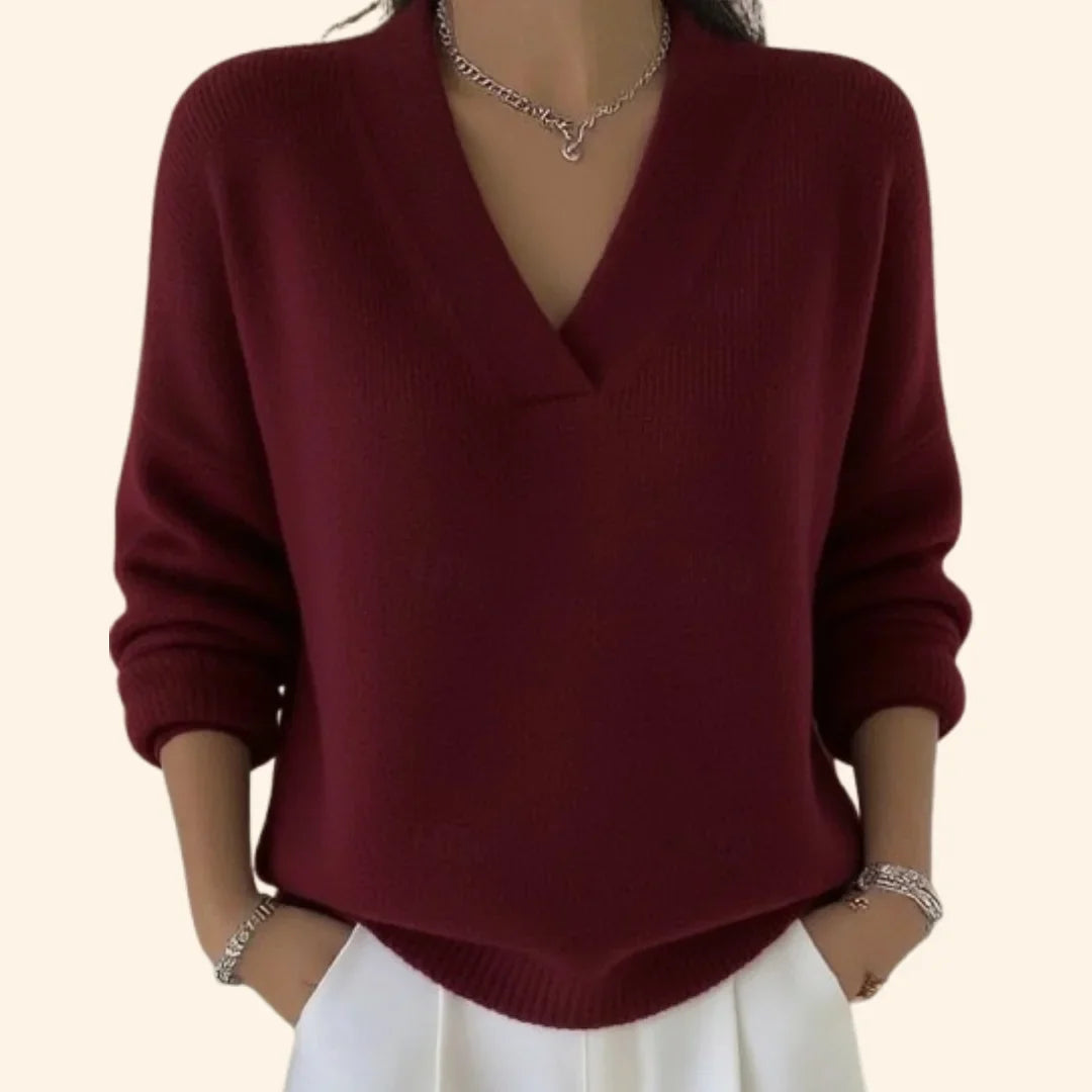 Women's soft knit relaxed blouse with V-neck and long sleeves – Red