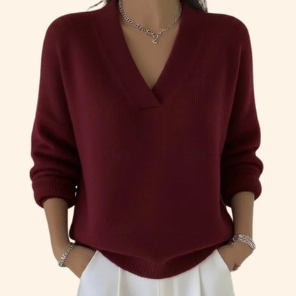 Women's soft knit relaxed blouse with V-neck and long sleeves – Red