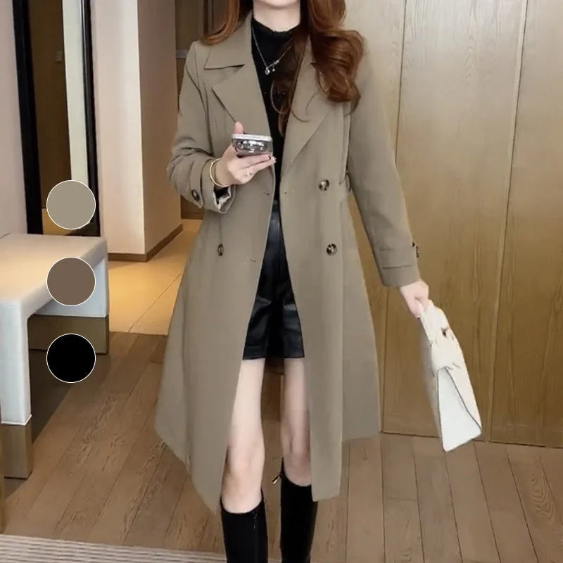 Women's solid midi coat with double-breasted closure