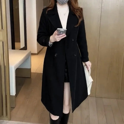 Women's solid midi coat with double-breasted closure – Black