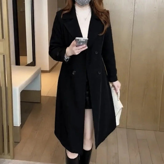 Women's solid midi coat with double-breasted closure – Black