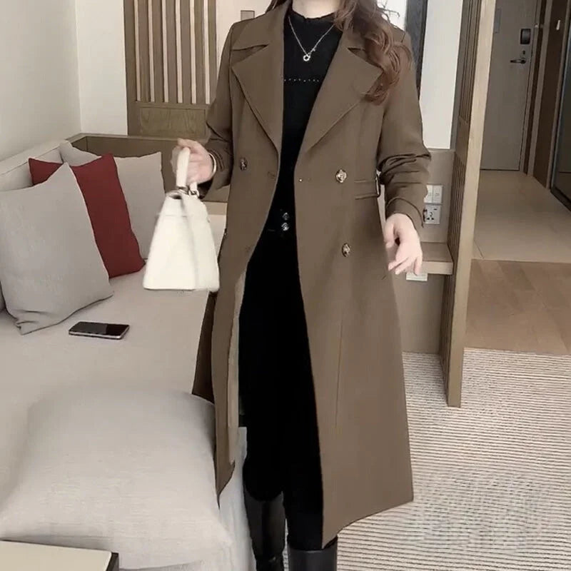 Women's solid midi coat with double-breasted closure – Brown