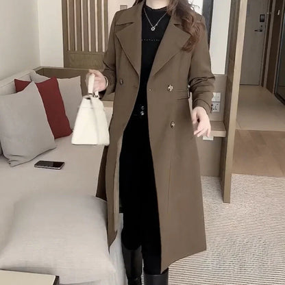 Women's solid midi coat with double-breasted closure – Brown