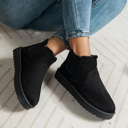 Women's solid short faux-suede boots with faux-fur lining and elastic sides – Black
