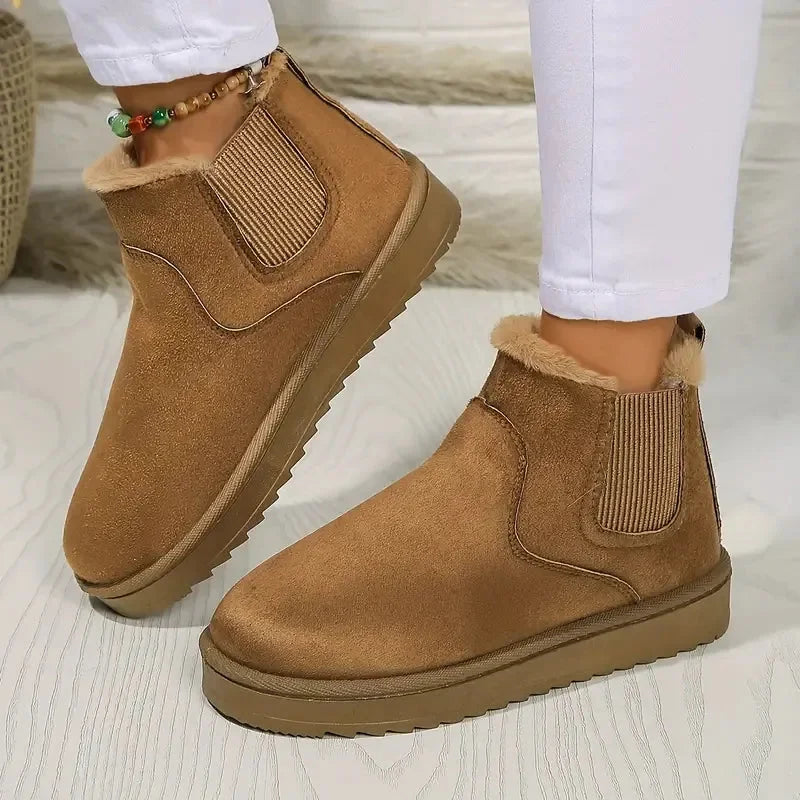 Women's solid short faux-suede boots with faux-fur lining and elastic sides – Khaki