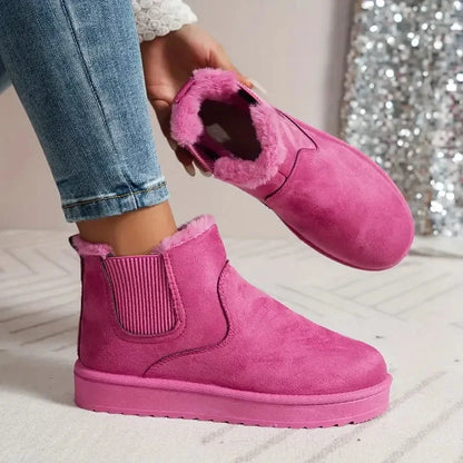 Women's solid short faux-suede boots with faux-fur lining and elastic sides – Pink