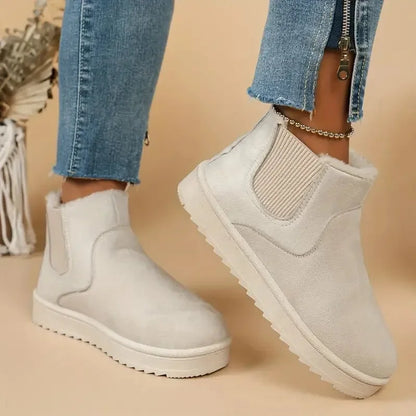 Women's solid short faux-suede boots with faux-fur lining and elastic sides – White