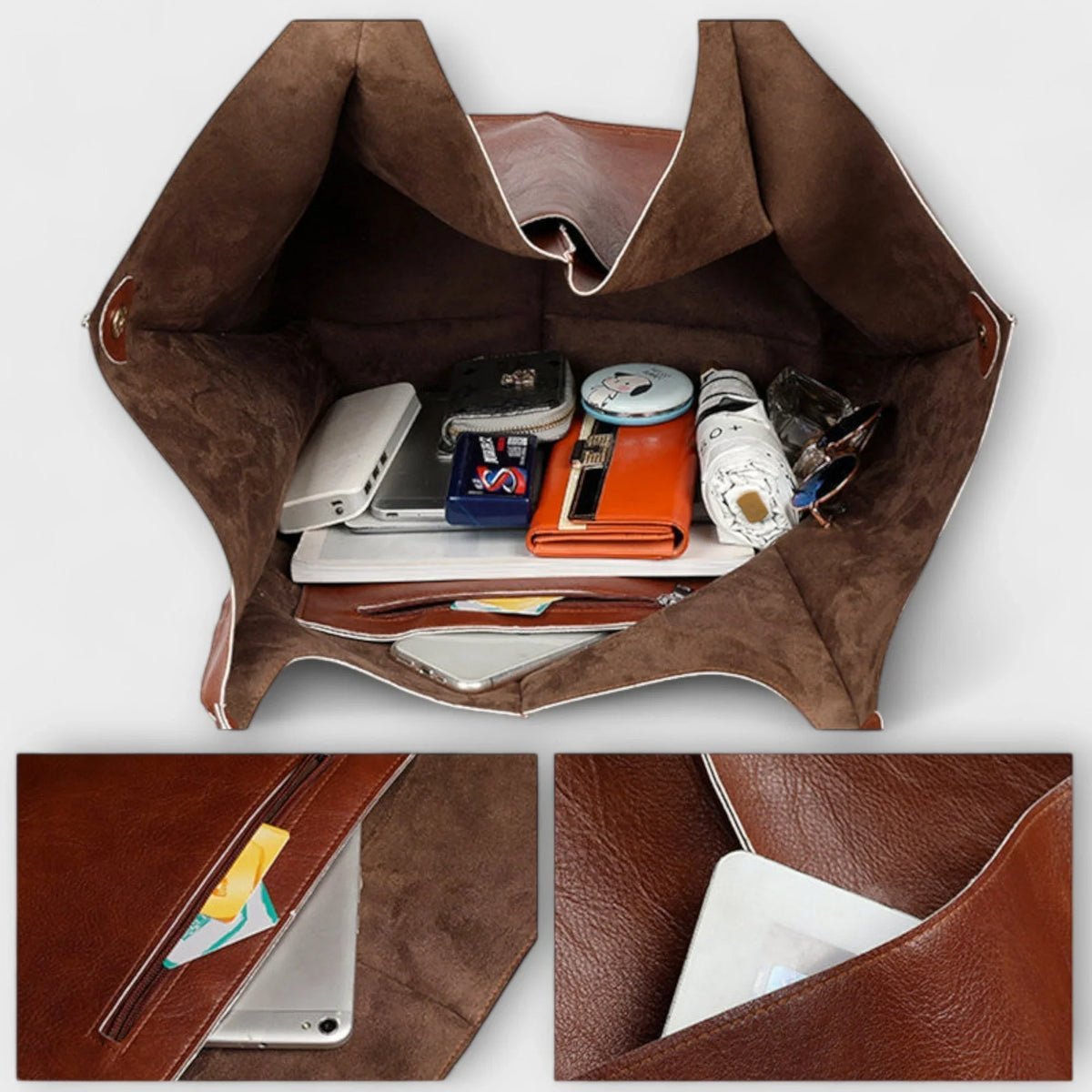 Women's spacious faux leather tote bag with two exterior slip pockets