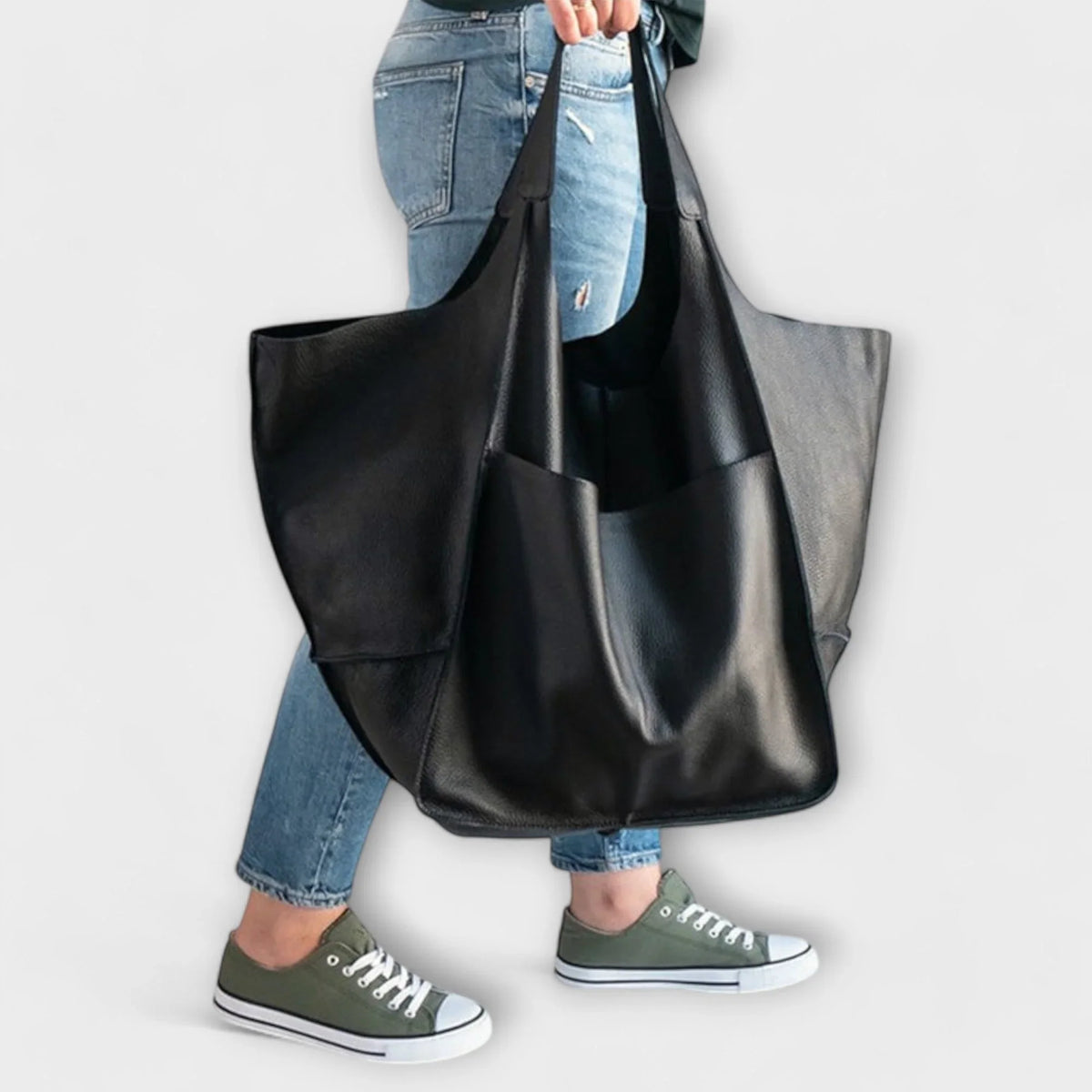 Women's spacious faux leather tote bag with two exterior slip pockets – Black