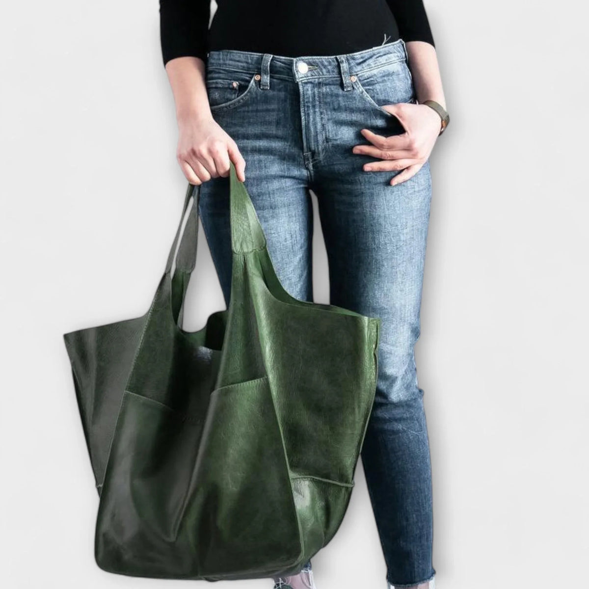 Women's spacious faux leather tote bag with two exterior slip pockets – Green