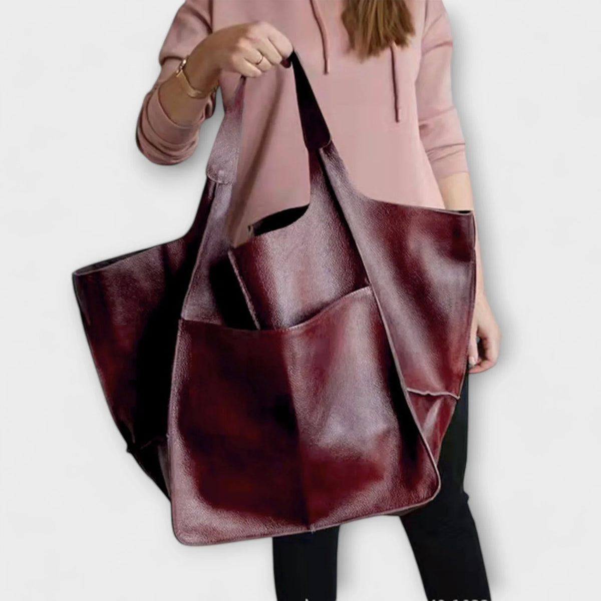 Women's spacious faux leather tote bag with two exterior slip pockets – Red