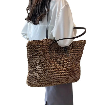 Women's spacious woven straw tote bag with double faux-leather straps