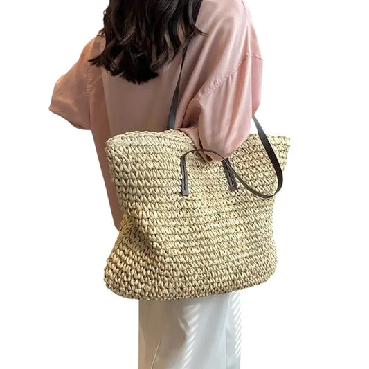Women's spacious woven straw tote bag with double faux-leather straps