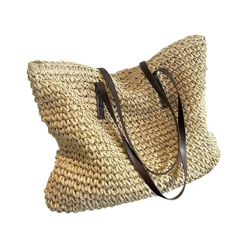 Women's spacious woven straw tote bag with double faux-leather straps – Beige
