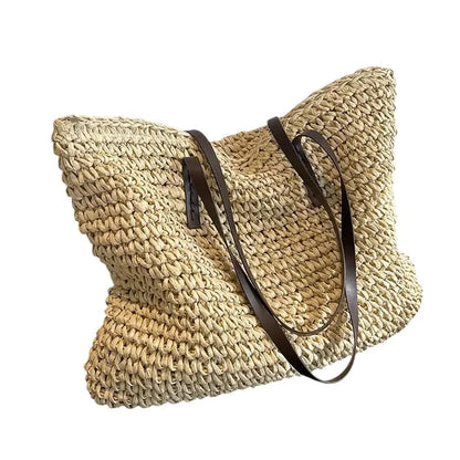 Women's spacious woven straw tote bag with double faux-leather straps – Beige