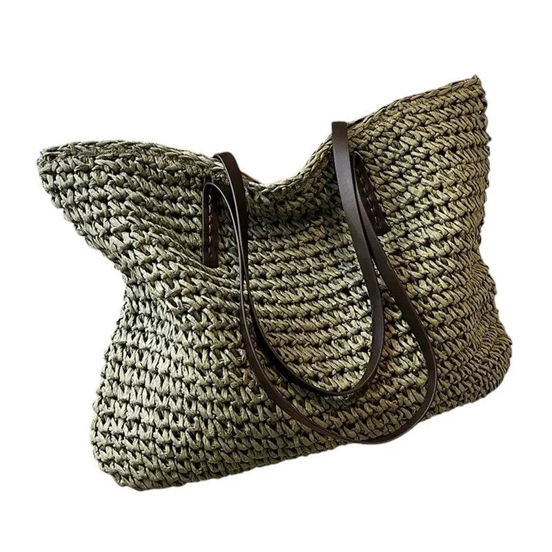 Women's spacious woven straw tote bag with double faux-leather straps – Green