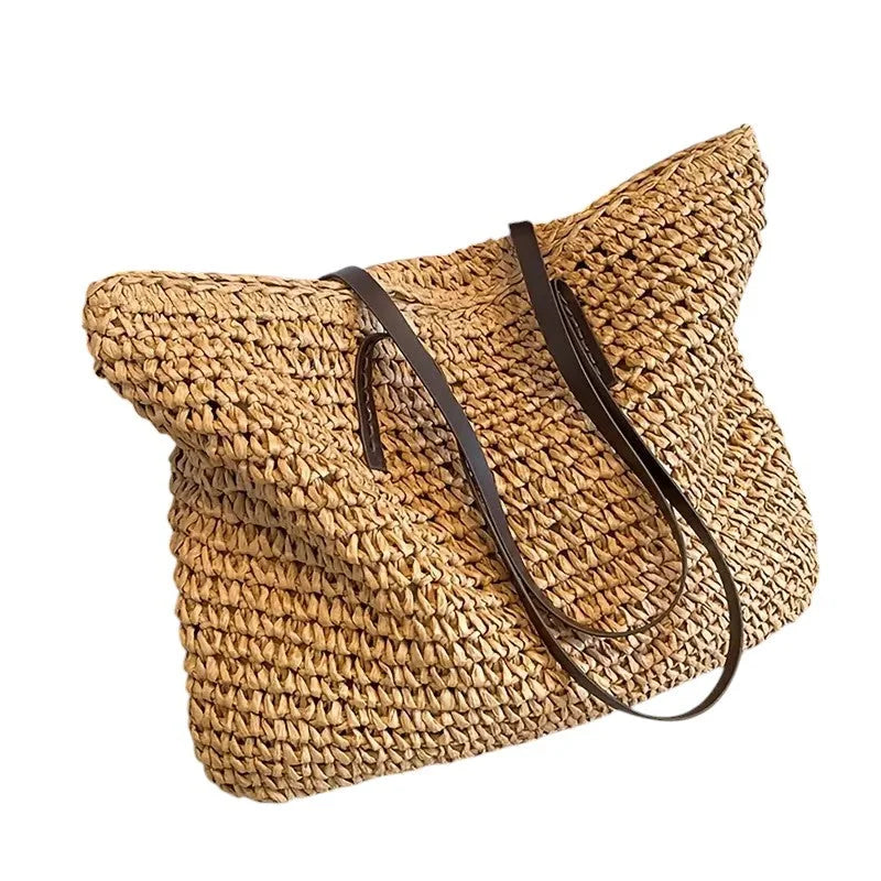 Women's spacious woven straw tote bag with double faux-leather straps – Khaki