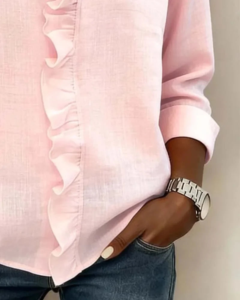 Women's spring long-sleeve blouse with ruffle V-neck and relaxed fit