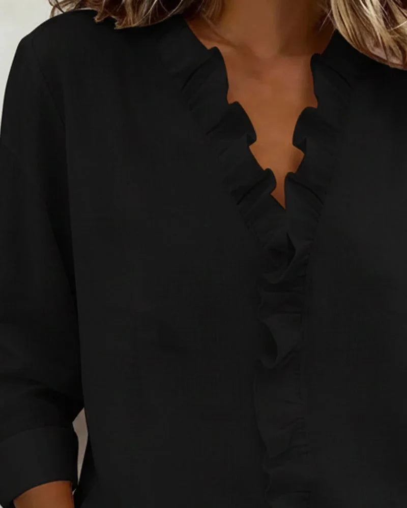 Women's spring long-sleeve blouse with ruffle V-neck and relaxed fit