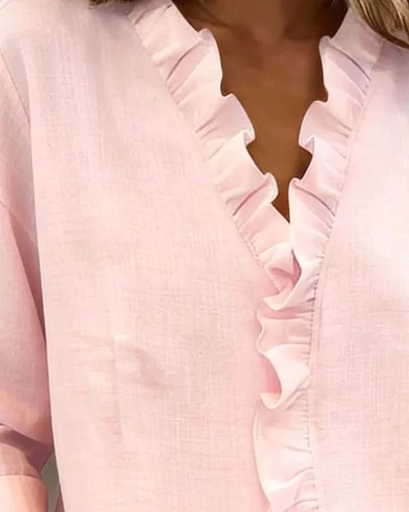 Women's spring long-sleeve blouse with ruffle V-neck and relaxed fit