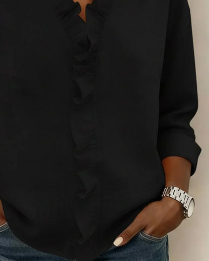 Women's spring long-sleeve blouse with ruffle V-neck and relaxed fit
