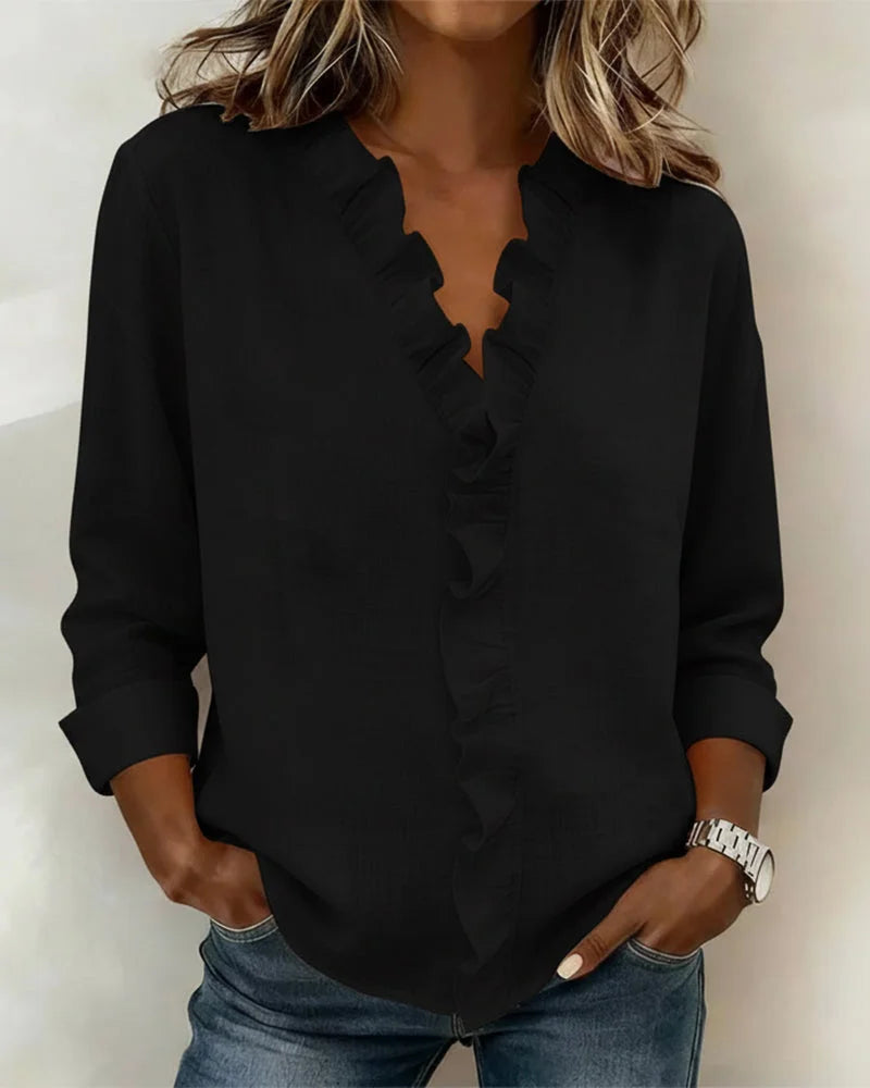 Women's spring long-sleeve blouse with ruffle V-neck and relaxed fit – Black