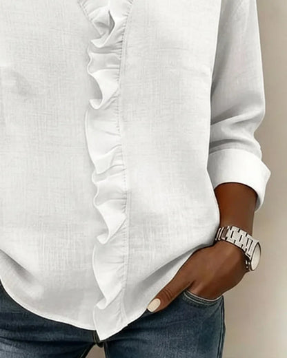 Women's spring long-sleeve blouse with ruffle V-neck and relaxed fit