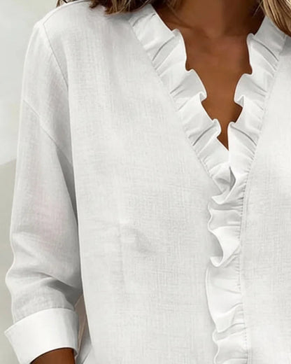 Women's spring long-sleeve blouse with ruffle V-neck and relaxed fit