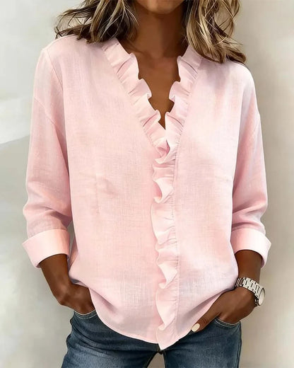 Women's spring long-sleeve blouse with ruffle V-neck and relaxed fit – Pink