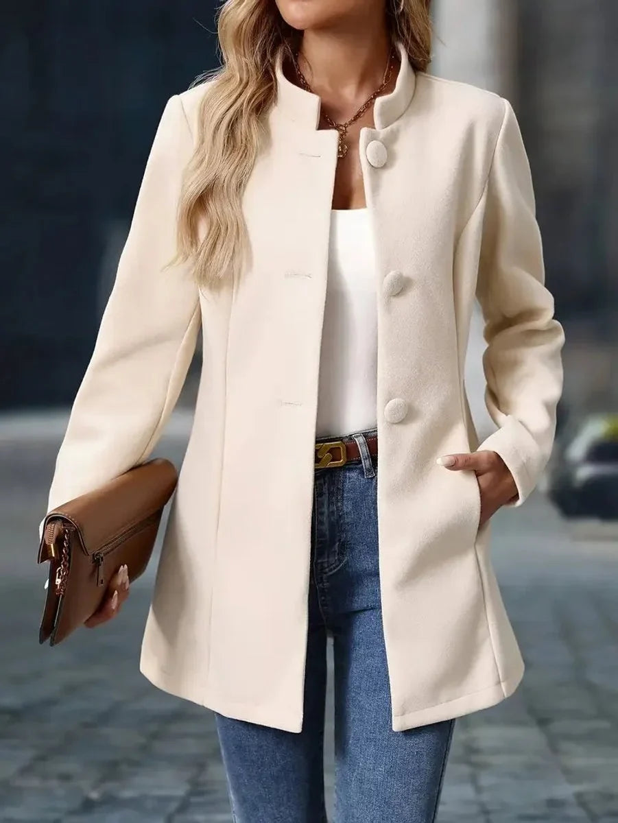 Women's stand-collar button-front longline blazer coat