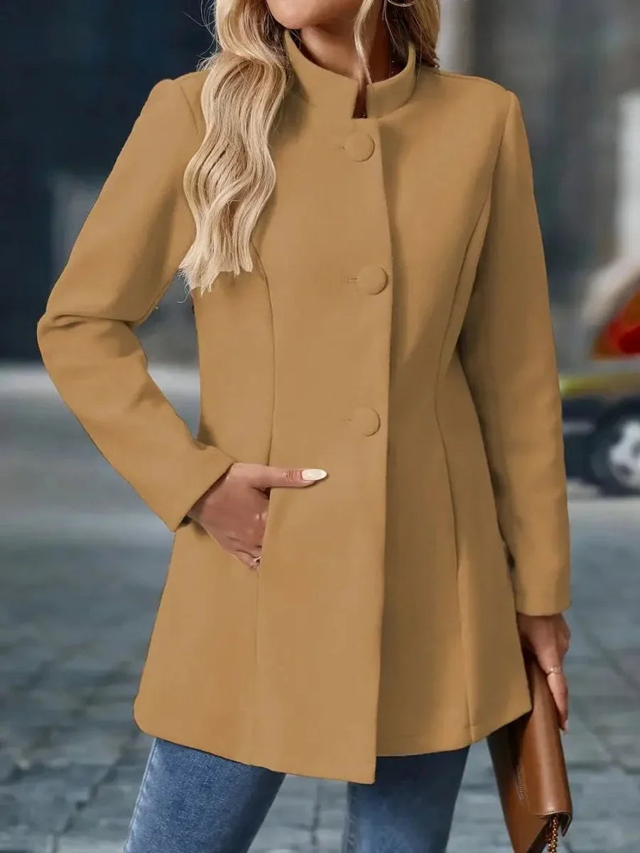 Women's stand-collar button-front longline blazer coat