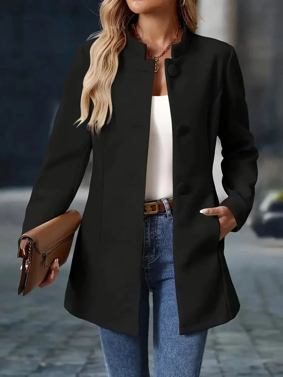 Women's stand-collar button-front longline blazer coat