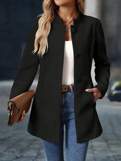 Women's stand-collar button-front longline blazer coat