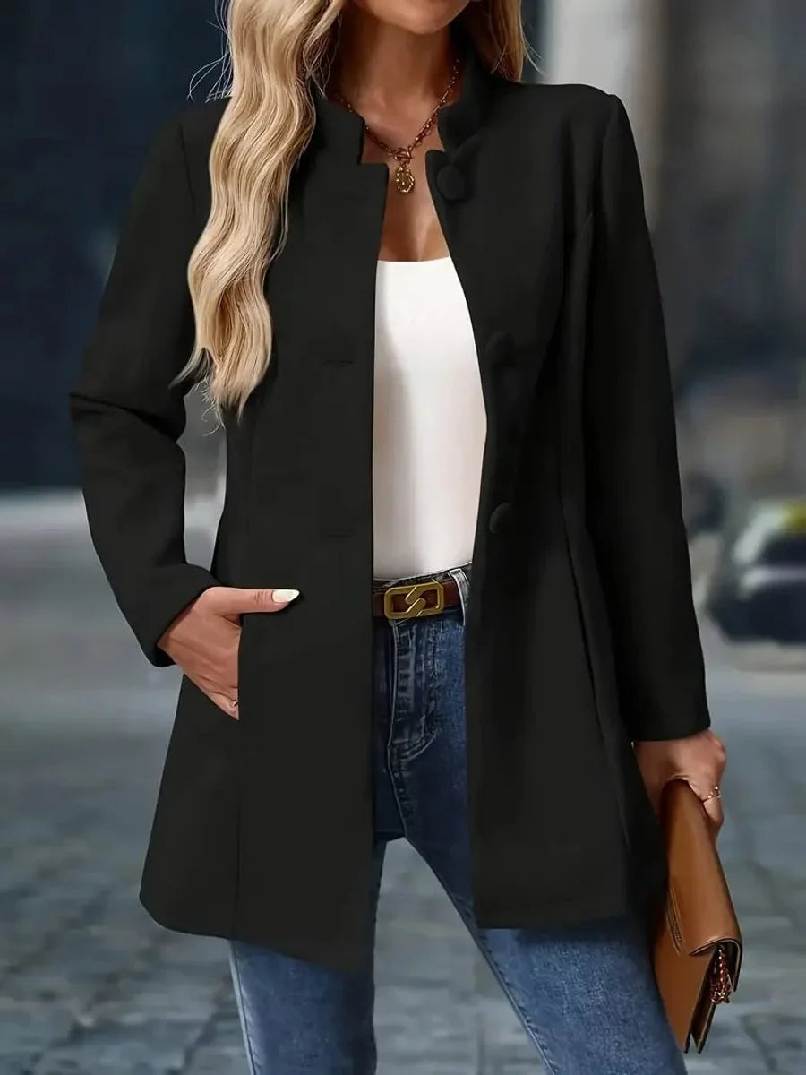 Women's stand-collar button-front longline blazer coat – Black