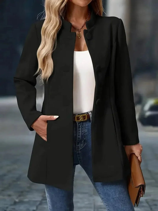 Women's stand-collar button-front longline blazer coat – Black
