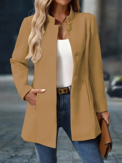 Women's stand-collar button-front longline blazer coat – Camel
