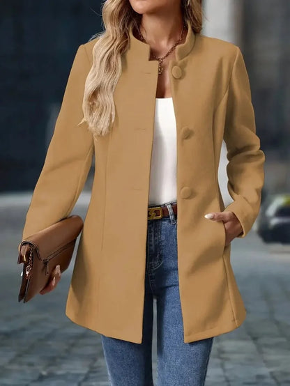 Women's stand-collar button-front longline blazer coat
