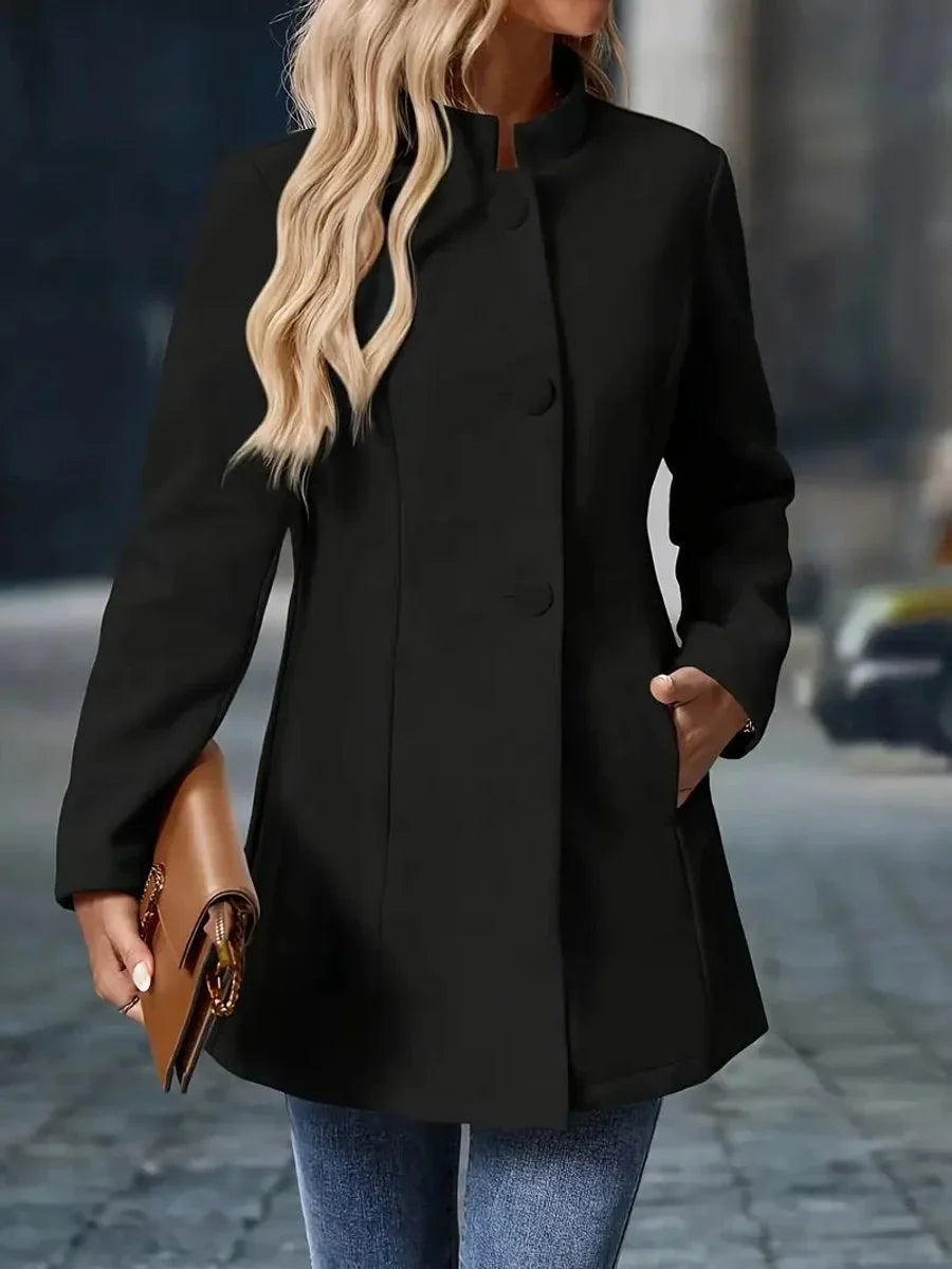 Women's stand-collar button-front longline blazer coat