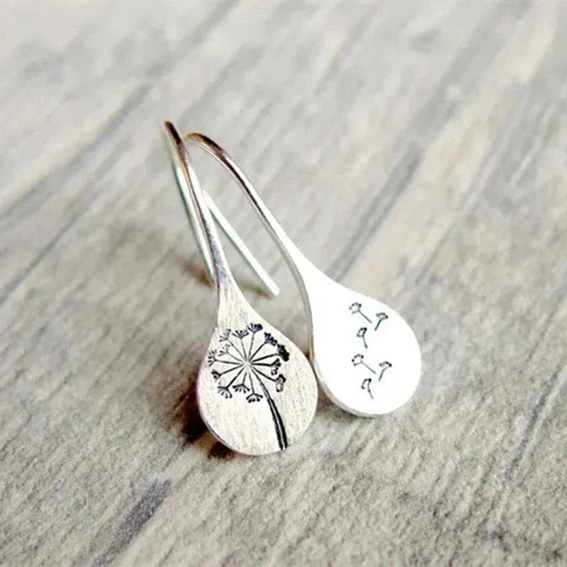 Women's sterling dandelion teardrop dangle earrings with hook closure – Silver