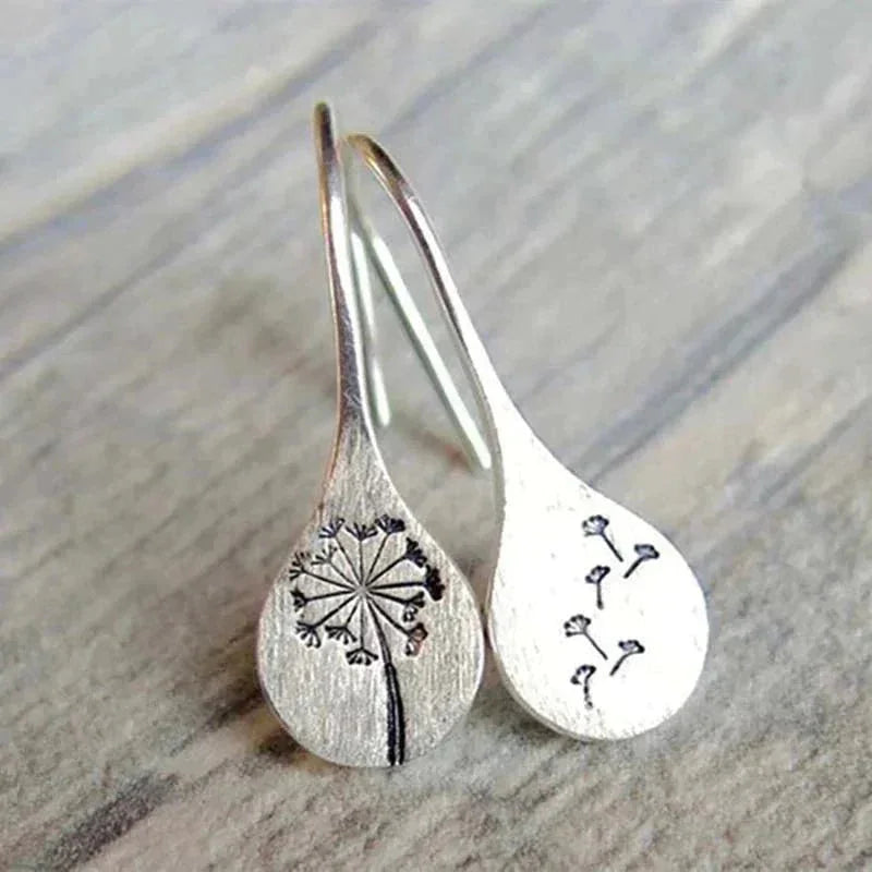 Women's sterling dandelion teardrop dangle earrings with hook closure – Silver