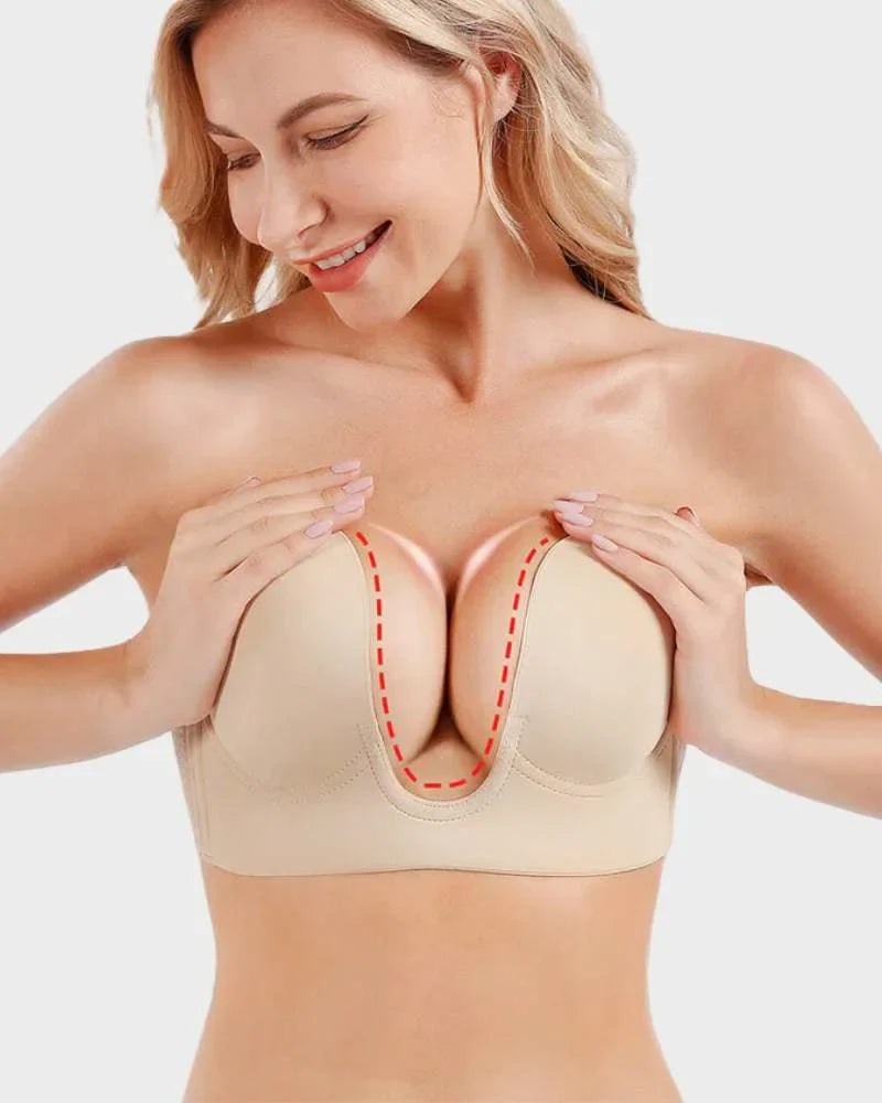 Women's strapless backless self-adhesive push-up deep-u plunge bra