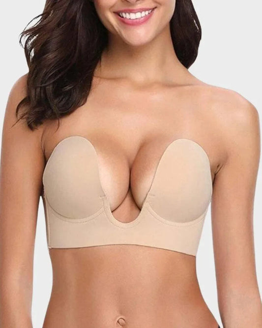 Women's strapless backless self-adhesive push-up deep-u plunge bra – Champagne