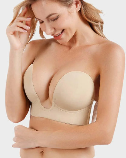 Women's strapless backless self-adhesive push-up deep-u plunge bra