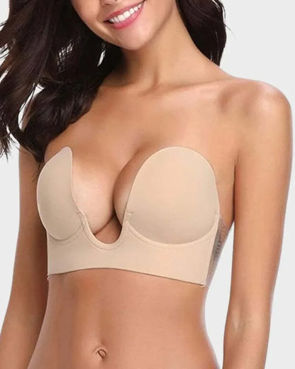 Women's strapless backless self-adhesive push-up deep-u plunge bra