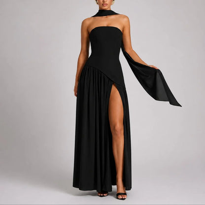 Women's strapless open-back scarf-neck fall wedding guest maxi dress – Black