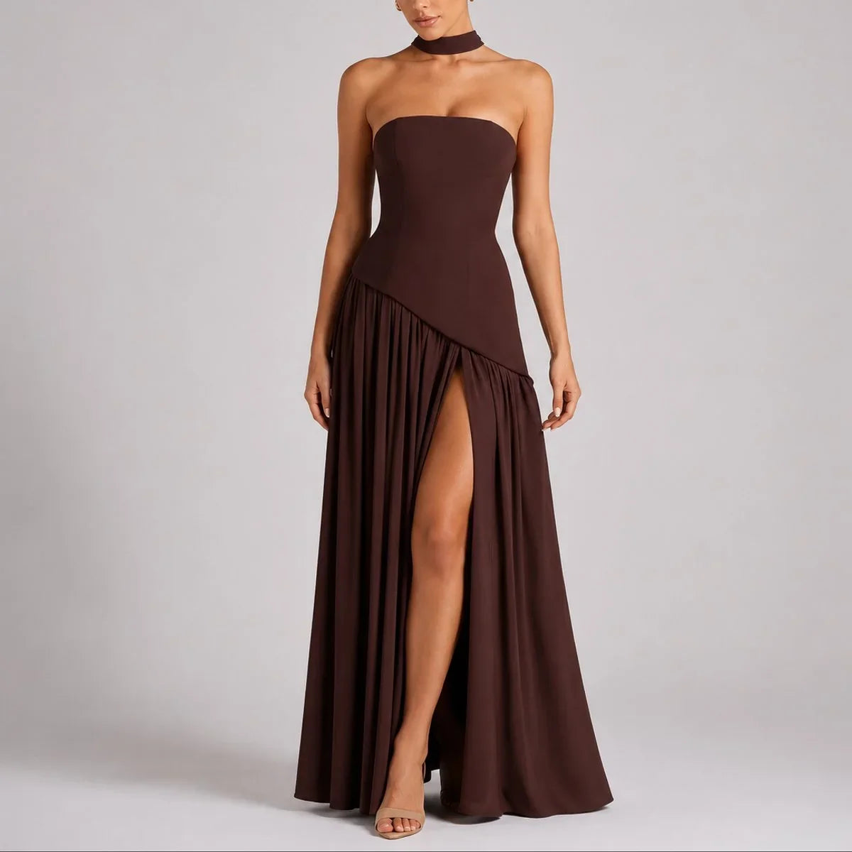 Women's strapless open-back scarf-neck fall wedding guest maxi dress – Brown